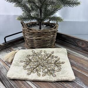 Embellished Beige Cosmetic Bag with Tassel and Zipper Closure